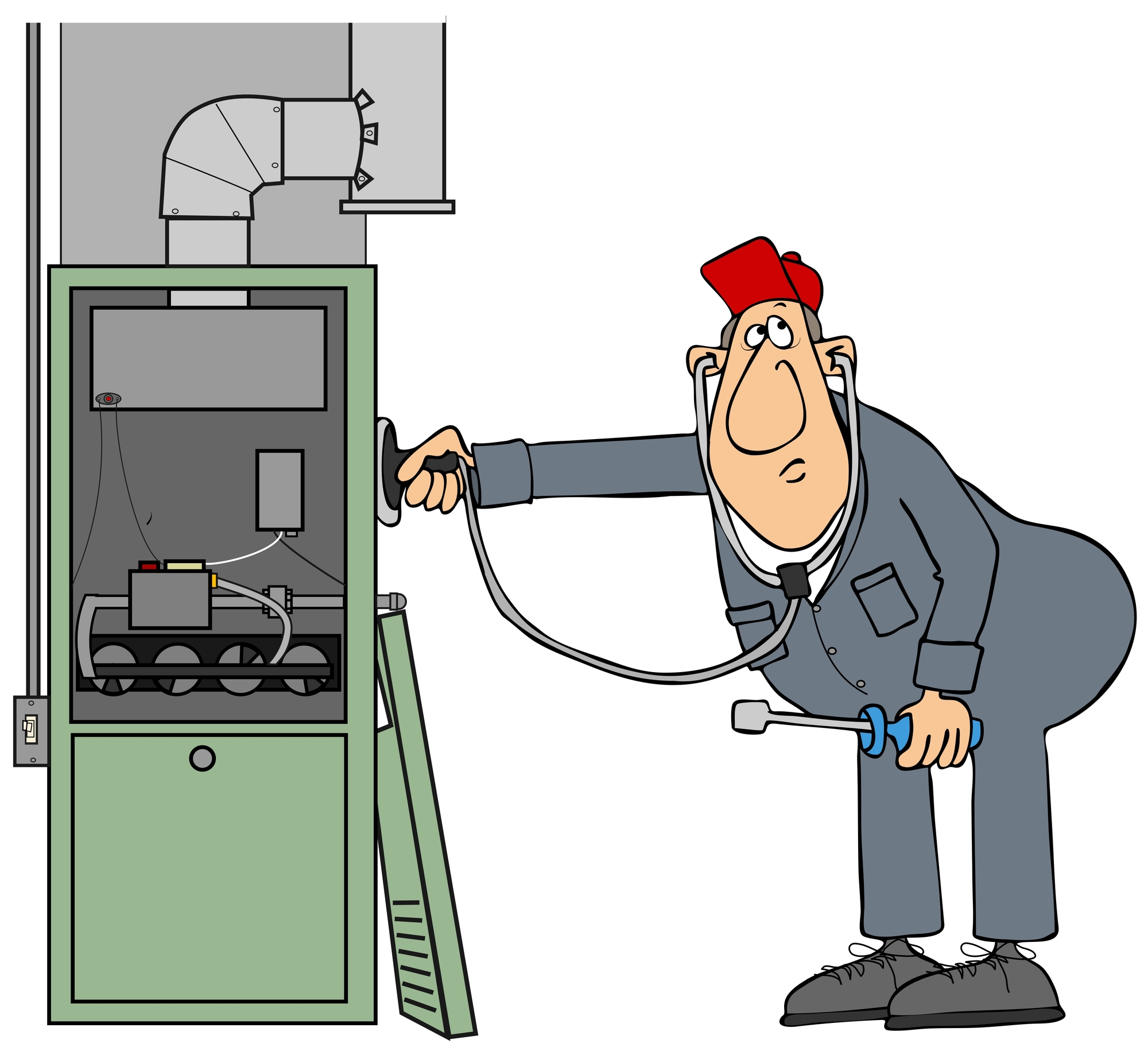 cartoon depiction of repair man checking on furnace